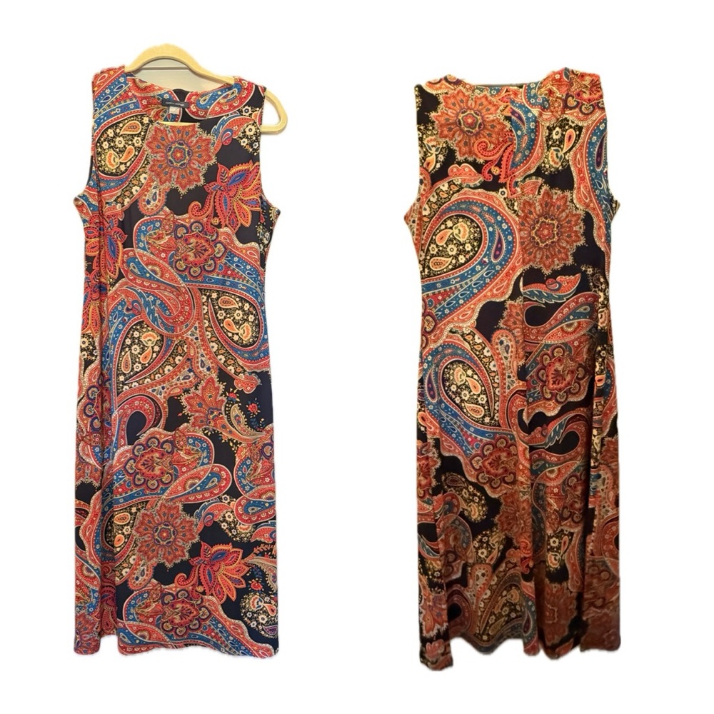 Sleeveless Paisley Midi Dress - Navy with Coral & Blue